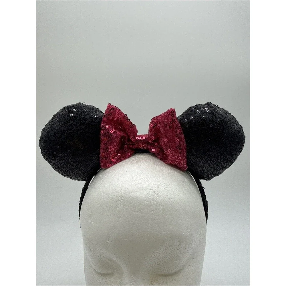 DISNEY PARKS Minnie Mouse Black Sequin Pink Sequin Bow Ear Headband